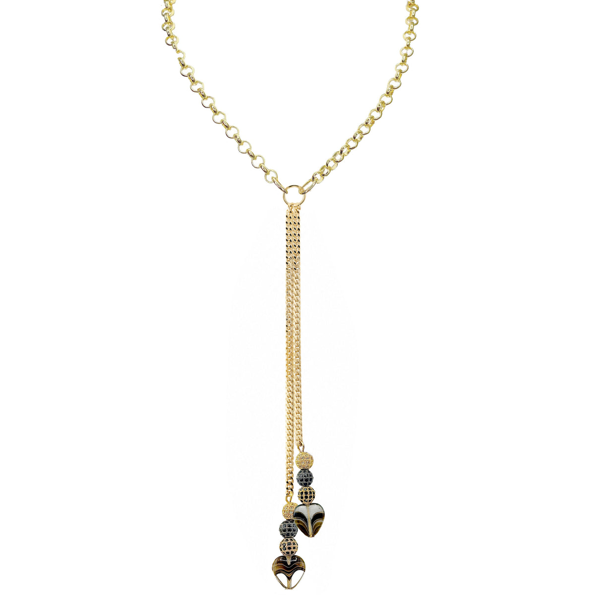 Love Lisa Worry Stone Heart Double Drop Necklace with gold-tone chain, center ring, two cascading drops, sparkling black bead accents, and smooth black heart worry stones