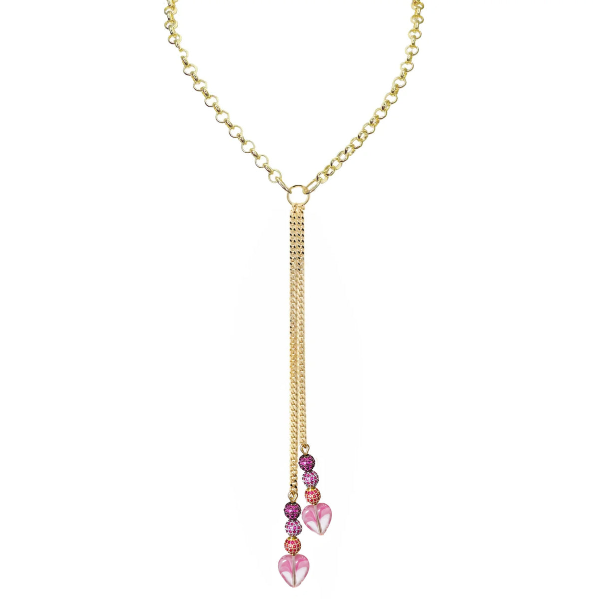 Love Lisa Worry Stone Heart Double Drop Necklace with gold-tone chain, sparkling pink bead accents, and smooth pink heart-shaped worry stones