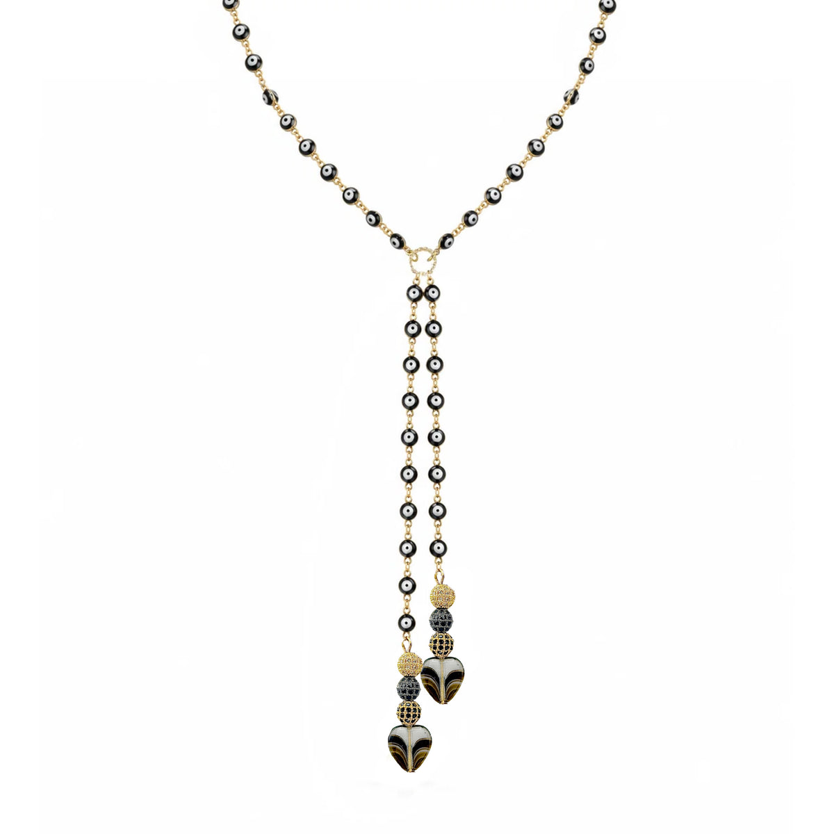 Love Lisa Worry Stone Heart Double Drop Necklace with black evil eye beads, gold-tone details, two cascading drops, and smooth black heart worry stones