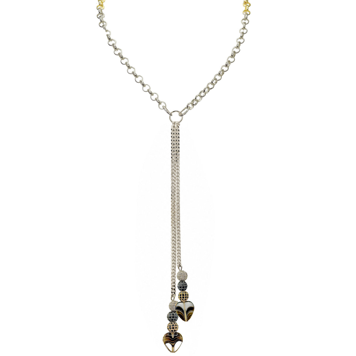 Love Lisa Worry Stone Heart Double Drop Necklace with silver-tone chain, two cascading strands, sparkling black accents, and smooth black heart worry stones