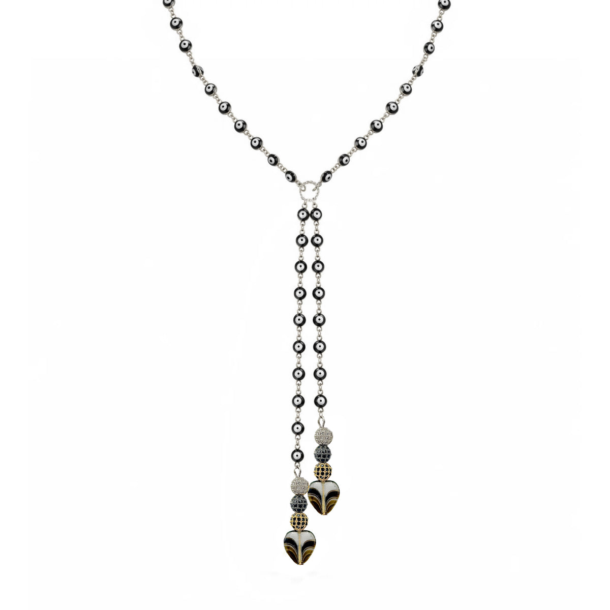 Love Lisa Worry Stone Heart Double Drop Necklace with black evil eye beads, silver-tone details, two cascading drops, and smooth black heart worry stones