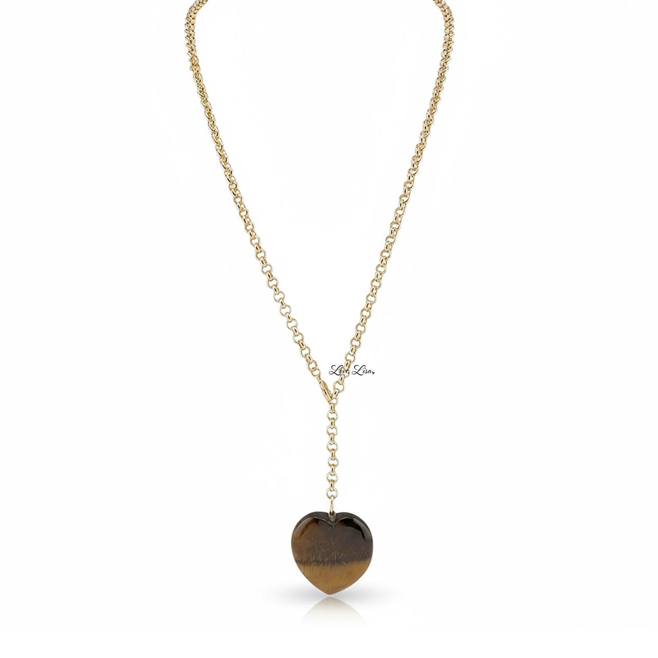 Gold necklace with a heart-shaped brown worry stone pendant on a white background