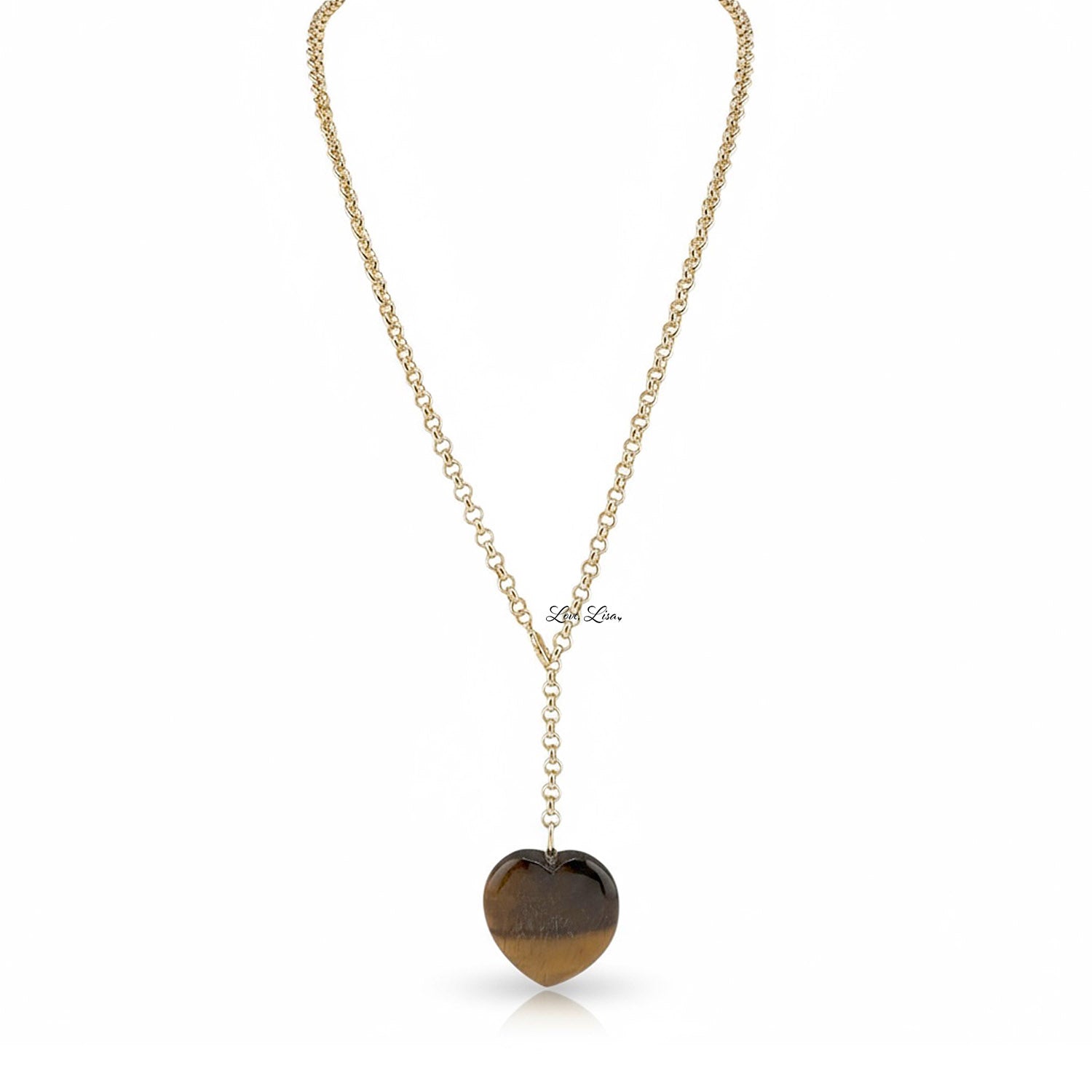 Gold necklace with a heart-shaped brown worry stone pendant on a white background