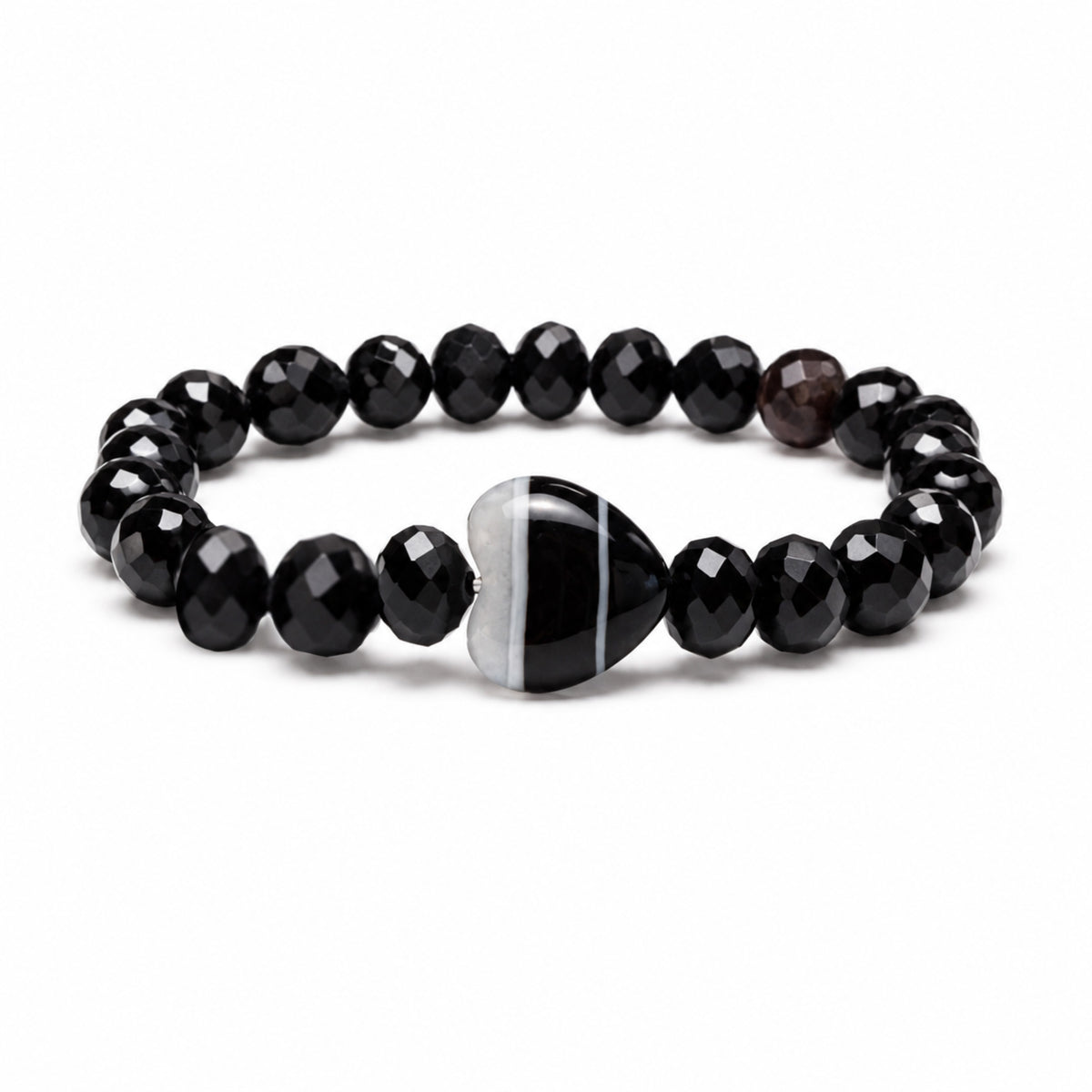 Worry Stone Mixed Gemstone Bracelet in Black with mixed gemstone beads, gold-tone accents, and heart-shaped worry stone focal bead