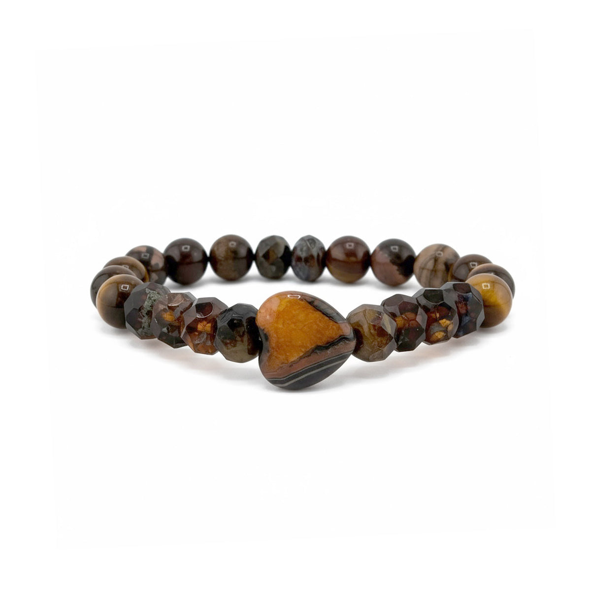 Worry Stone Mixed Gemstone Bracelet in Brown with mixed gemstone beads, gold-tone accents, and heart-shaped worry stone focal bead