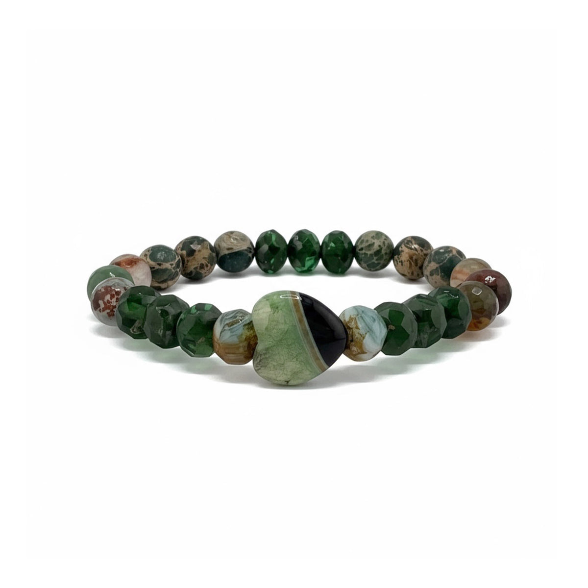 Worry Stone Mixed Gemstone Bracelet in Green with mixed gemstone beads, gold-tone accents, and heart-shaped worry stone focal bead