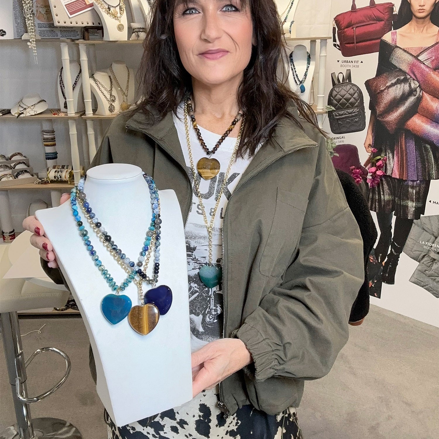 Lifestyle image of Lisa wearing the Love Lisa Heart Worry Stone Necklace styled with natural gemstone beads and heart pendant for everyday comfort