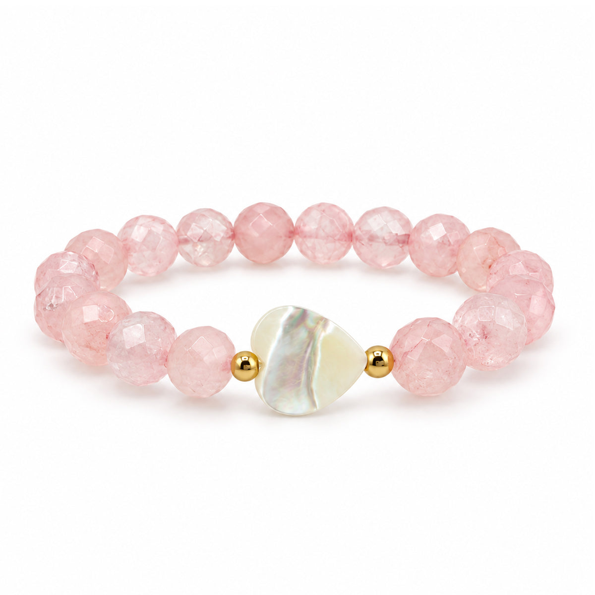 Love Lisa Worry Stone Rose Quartz Mother of Pearl Bracelet with faceted blush pink beads, iridescent heart focal, and small gold-tone accent beads on white