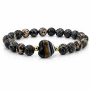 Worry Stone Sea Sediment Jasper Bracelet in Black with heart-shaped worry stone focal bead and gold-tone accents