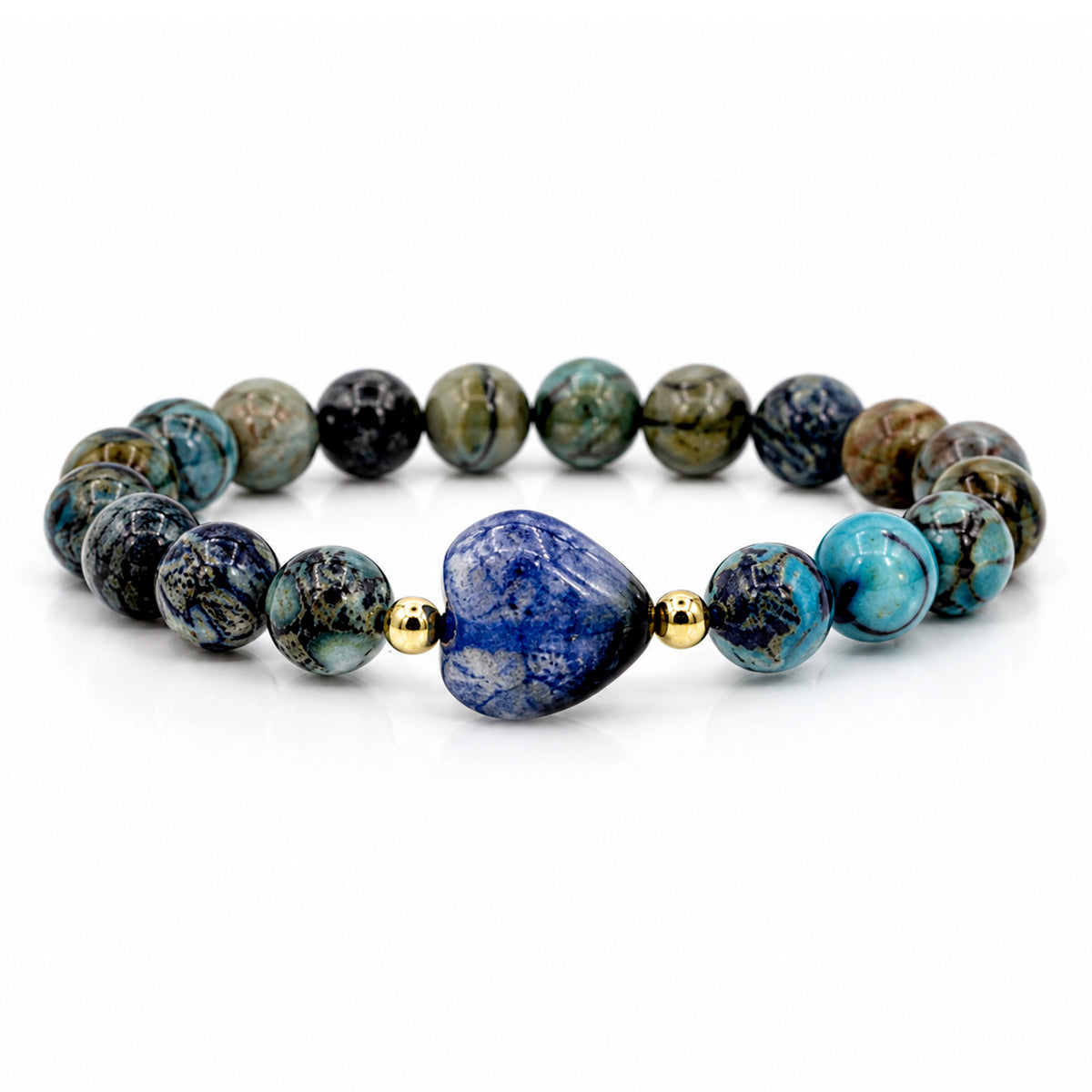 Worry Stone Sea Sediment Jasper Bracelet in Blue with heart-shaped worry stone focal bead and gold-tone accents