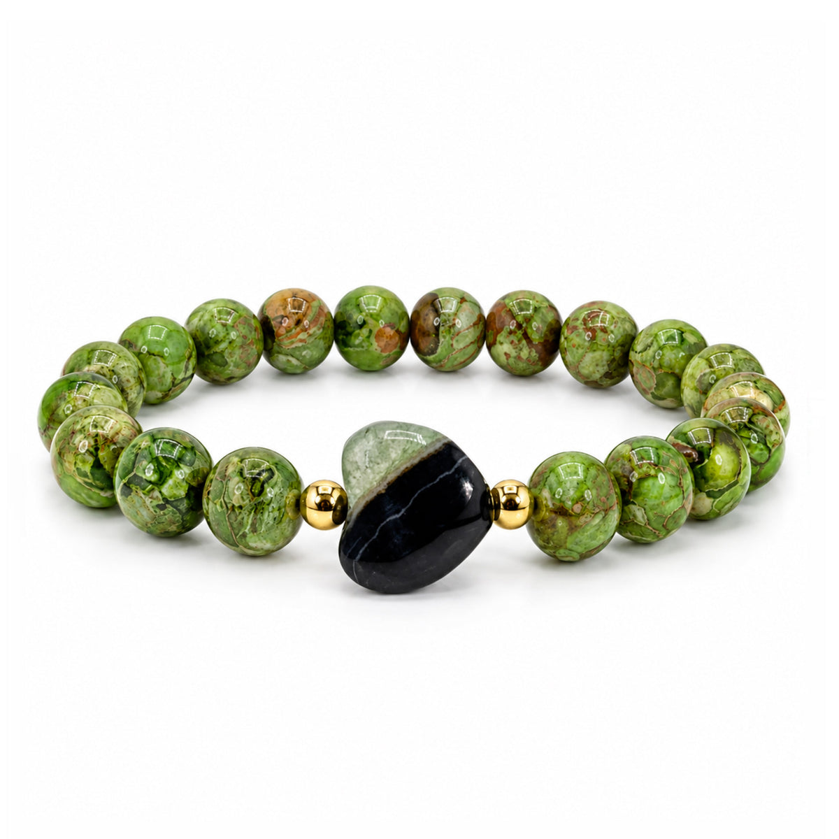 Love Lisa Worry Stone Sea Sediment Jasper Bracelet in Green with heart-shaped worry stone focal bead and gold-tone accents