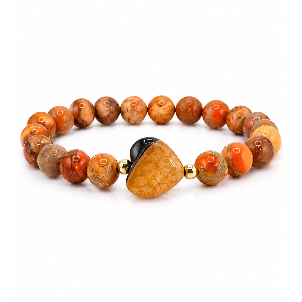 Worry Stone Sea Sediment Jasper Bracelet in Orange with heart-shaped worry stone focal bead and gold-tone accents