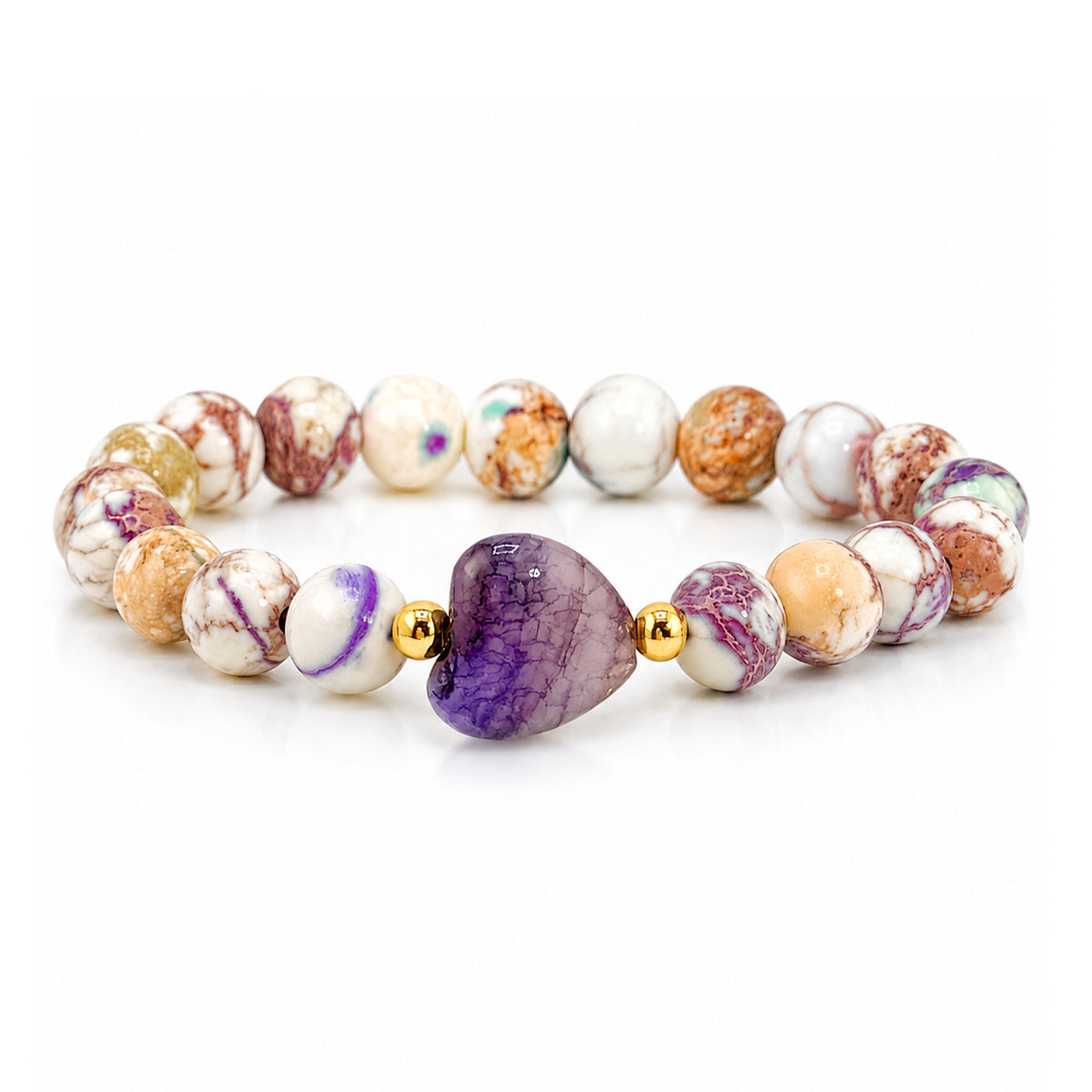 Worry Stone Sea Sediment Jasper Bracelet in Purple with heart-shaped worry stone focal bead and gold-tone accents