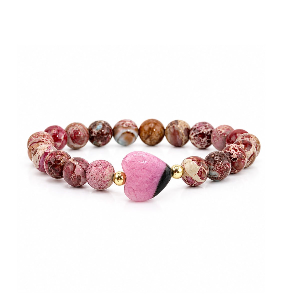 Worry Stone Sea Sediment Jasper Bracelet in Red with heart-shaped worry stone focal bead and gold-tone accents