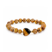 Worry Stone Sea Sediment Jasper Bracelet in Yellow with heart-shaped worry stone focal bead and gold-tone accents