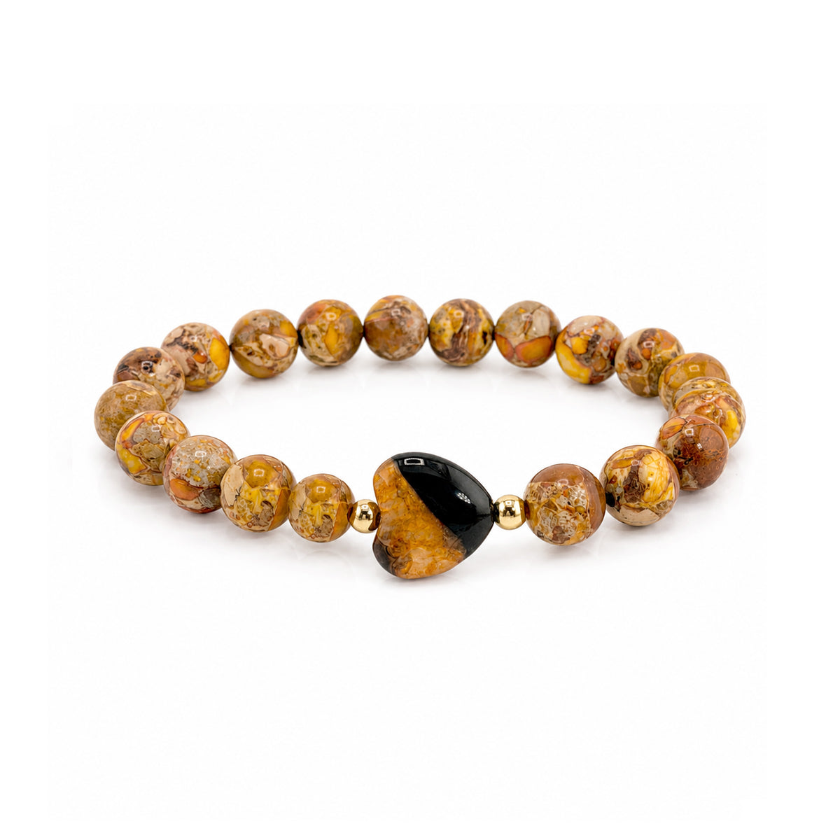Worry Stone Sea Sediment Jasper Bracelet in Yellow with heart-shaped worry stone focal bead and gold-tone accents