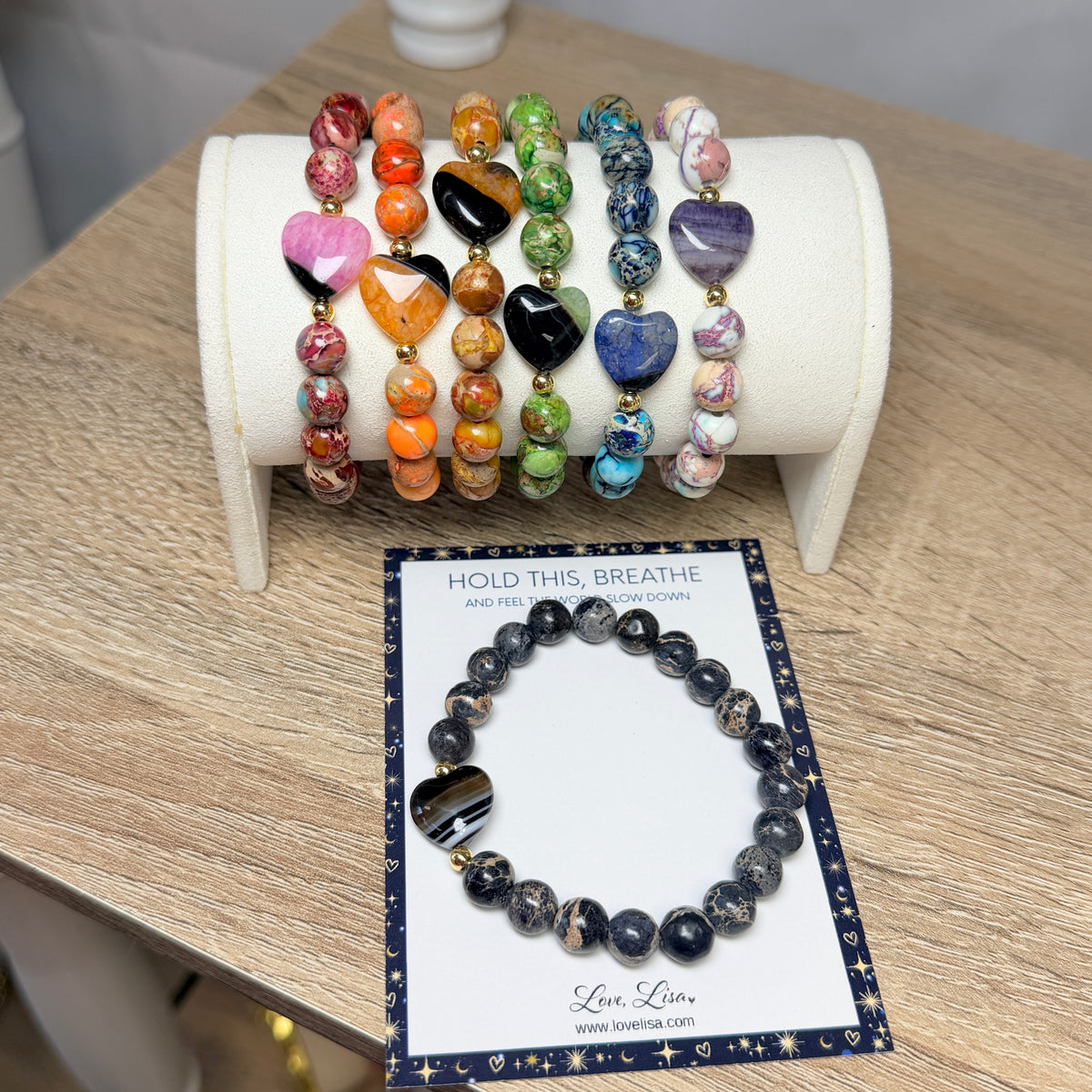 Love Lisa Worry Stone Sea Sediment Jasper Bracelets shown with calming message card and multiple color optio