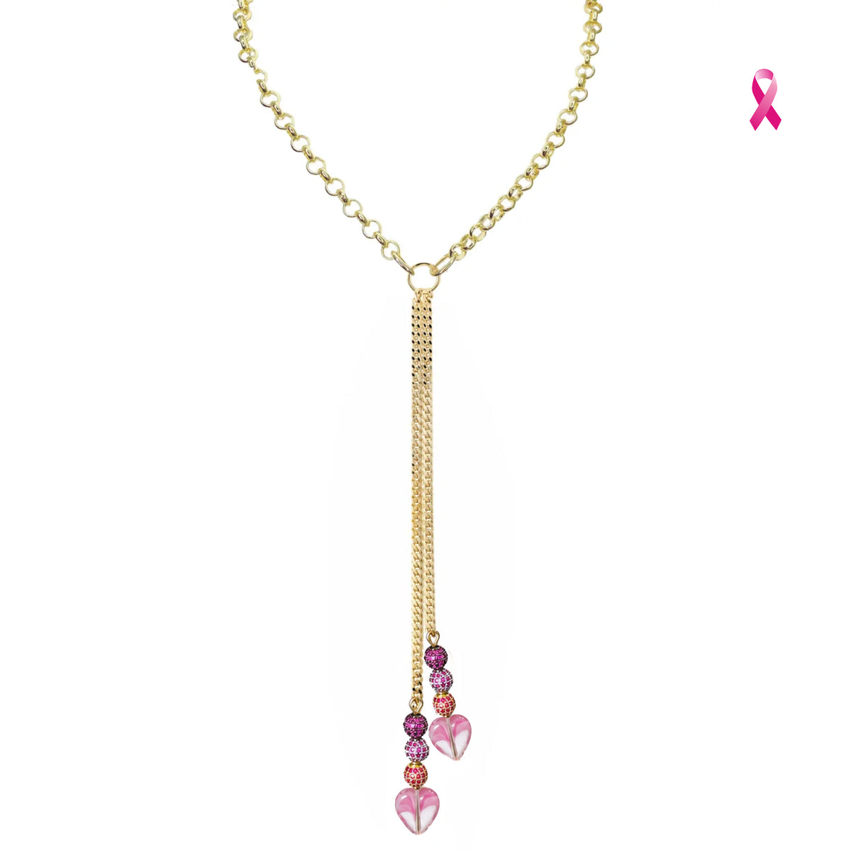 Worry Stone Breast Cancer Awareness Heart Double Drop Necklace