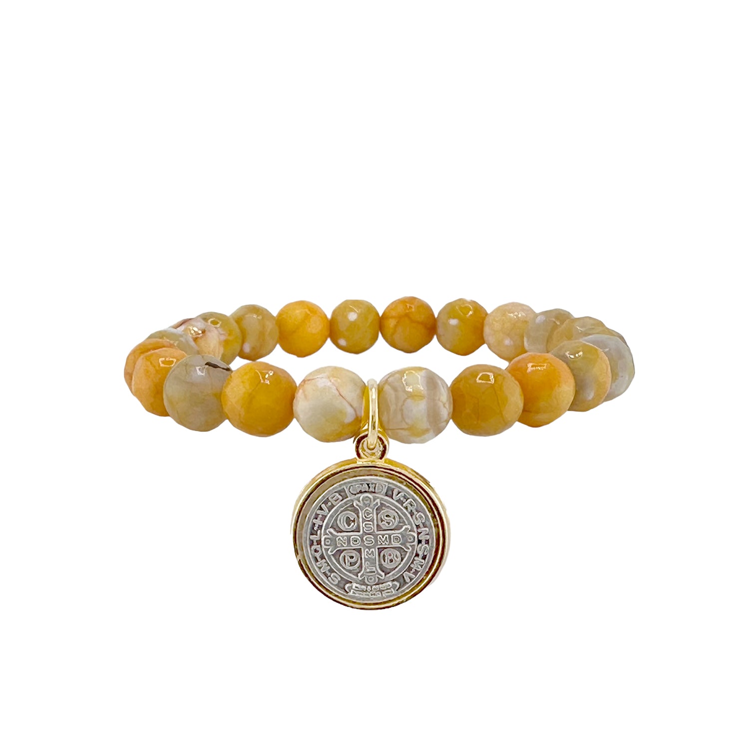 Yellow agate gemstone stretch bracelet with St Benedict medal charm