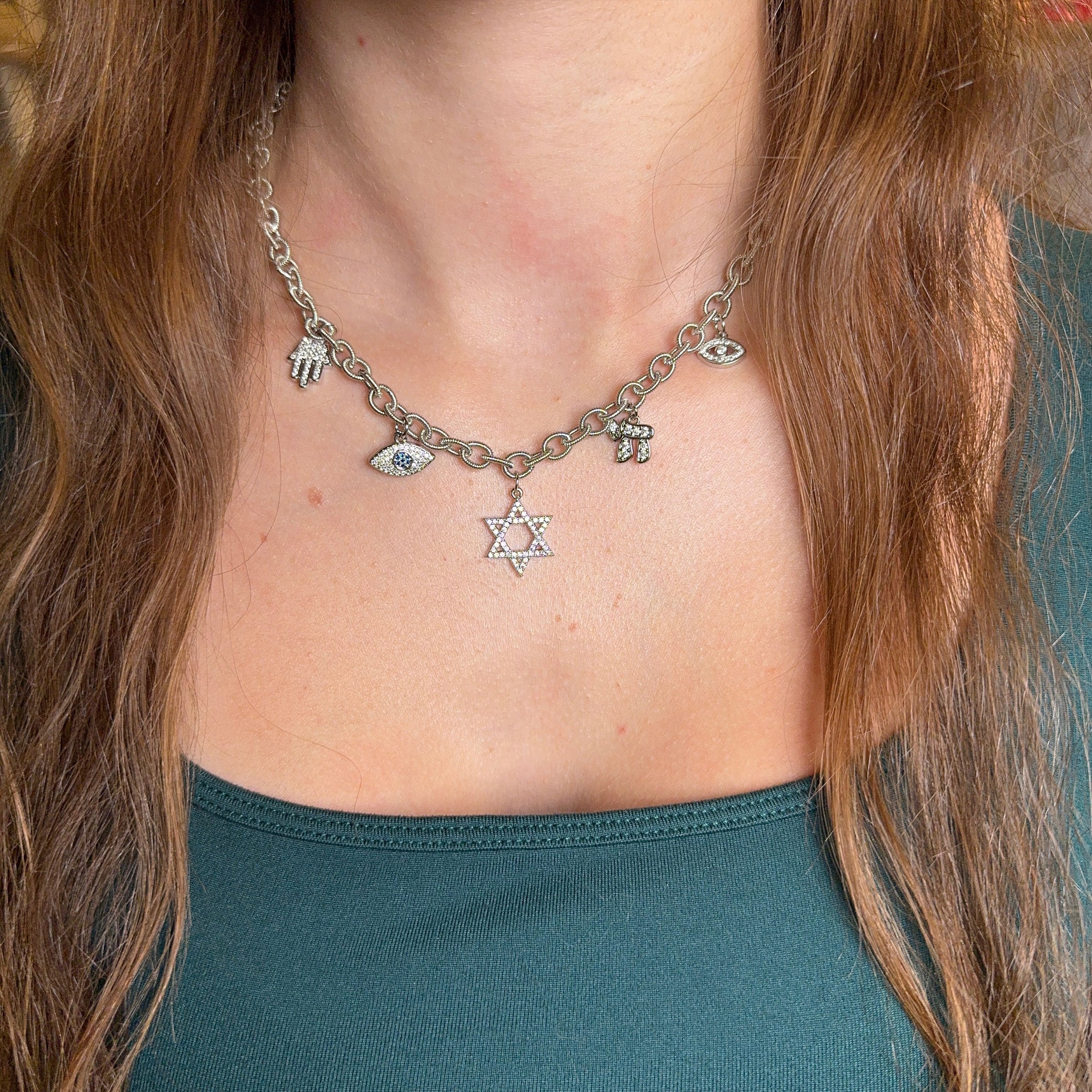 Zahav Star of David Necklace with Chai, Hamsa, and Evil Eye Charms