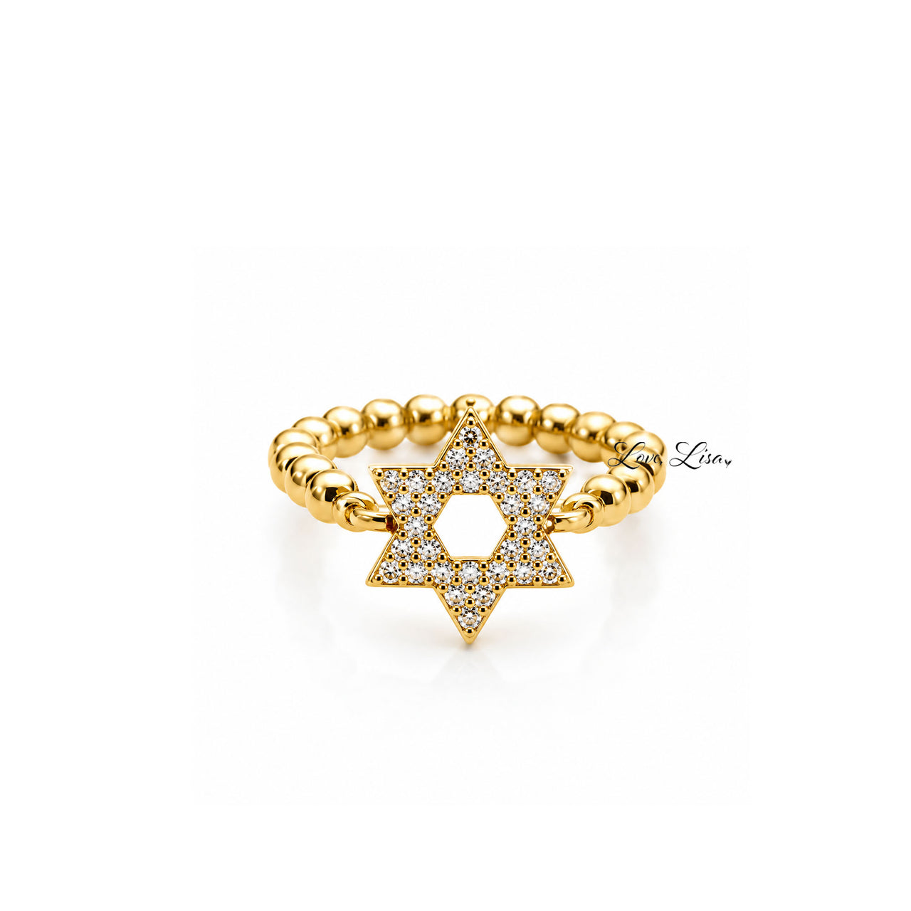 Love Lisa Zahav Star of David Stretch Ring in gold with polished 3mm beads and pavé Star of David charm