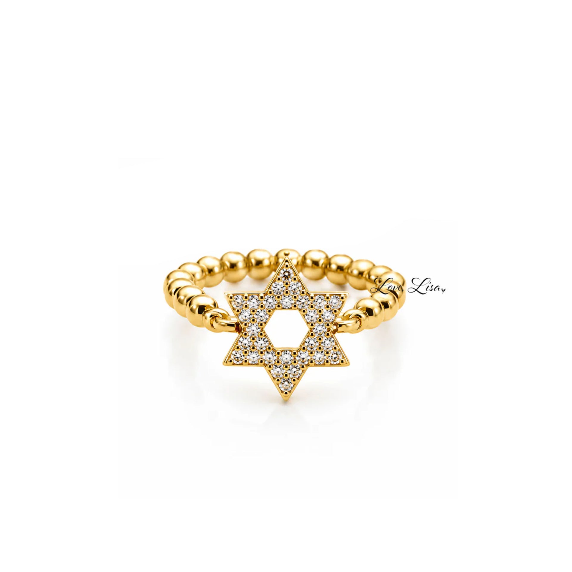 Love Lisa Zahav Star of David Stretch Ring in gold with polished 3mm beads and pavé Star of David charm