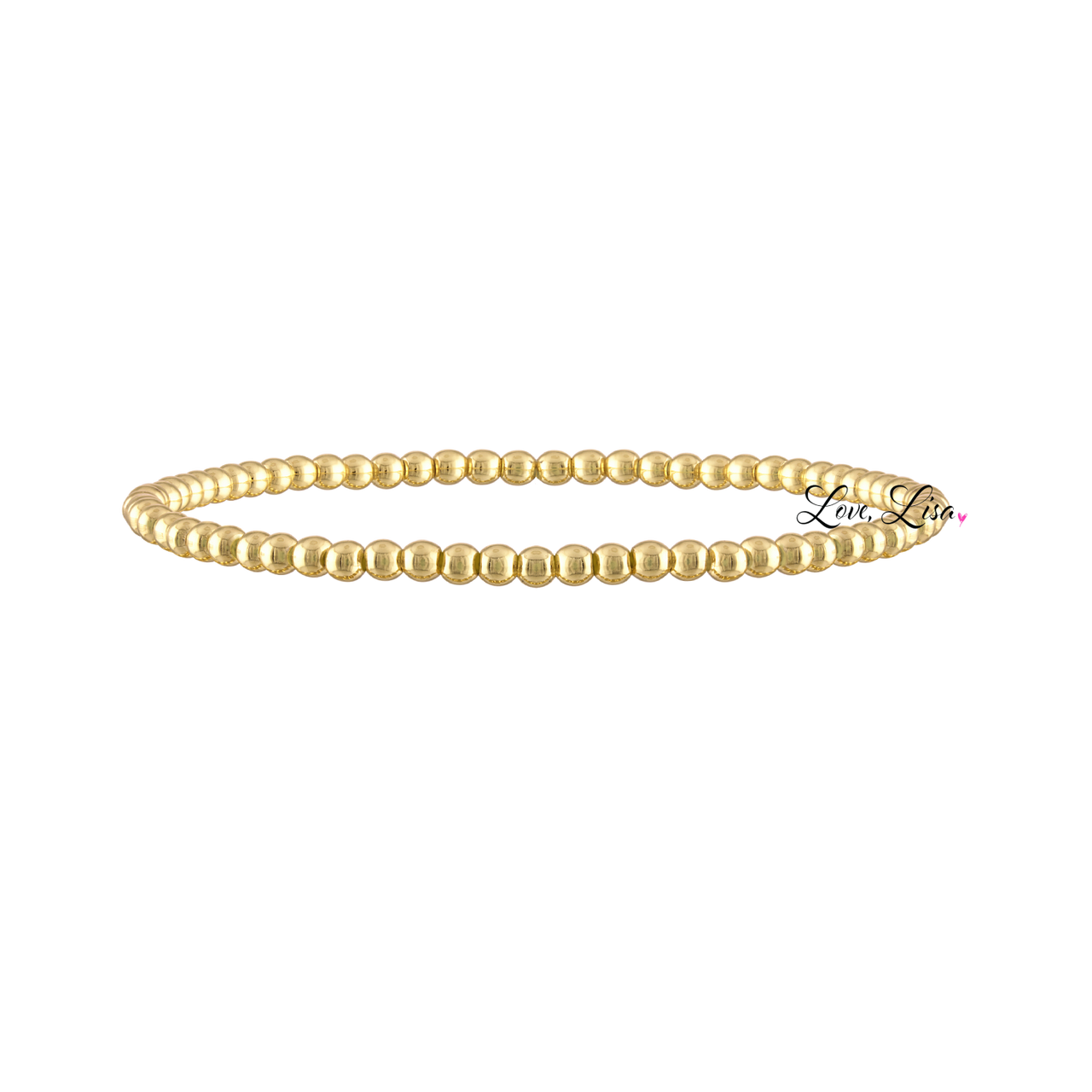 A gold-colored bracelet with small beads, featuring a stretchy band and a small red detail on one of the beads.