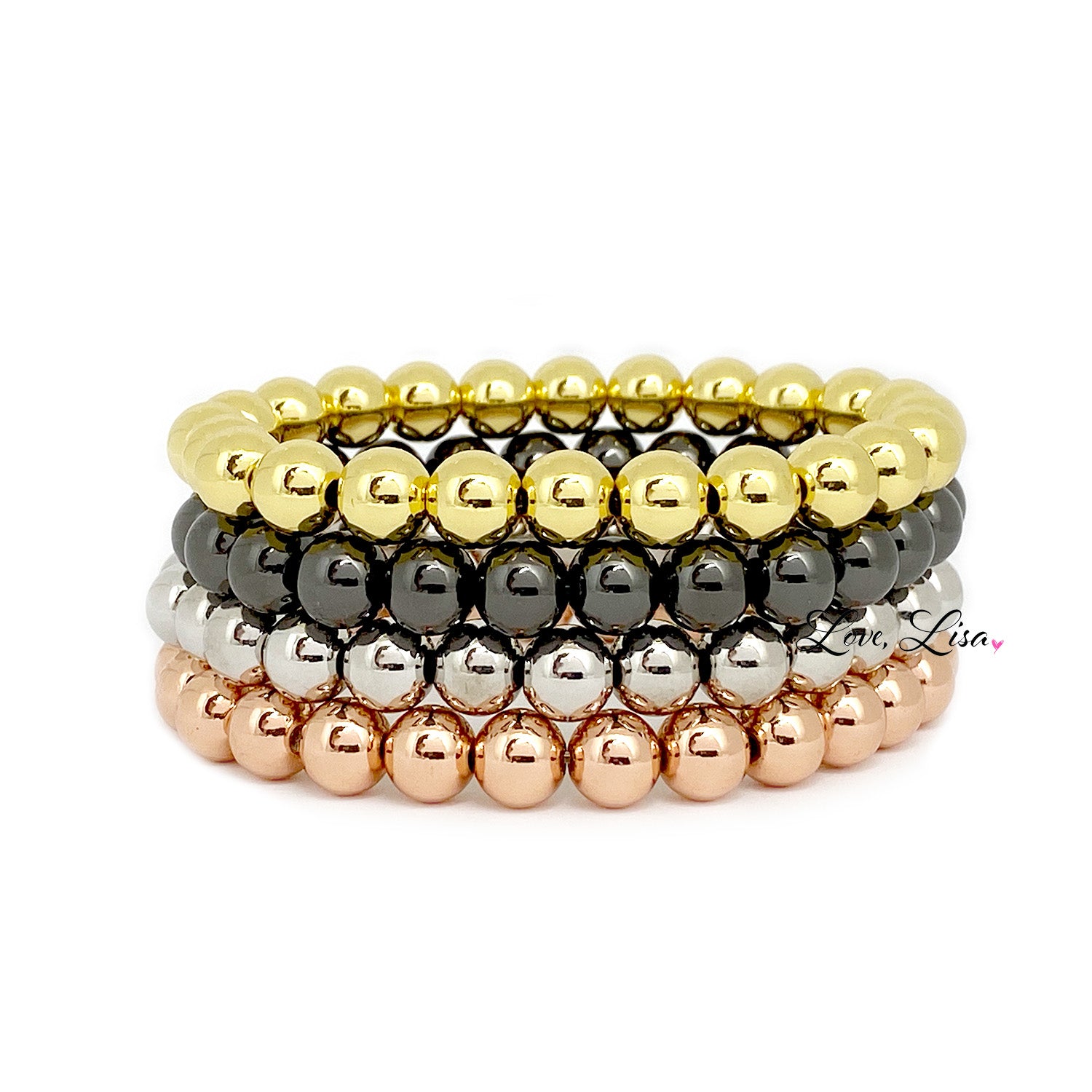 8mm beaded bracelet stack gold silver rose gold gunmetal love lisa