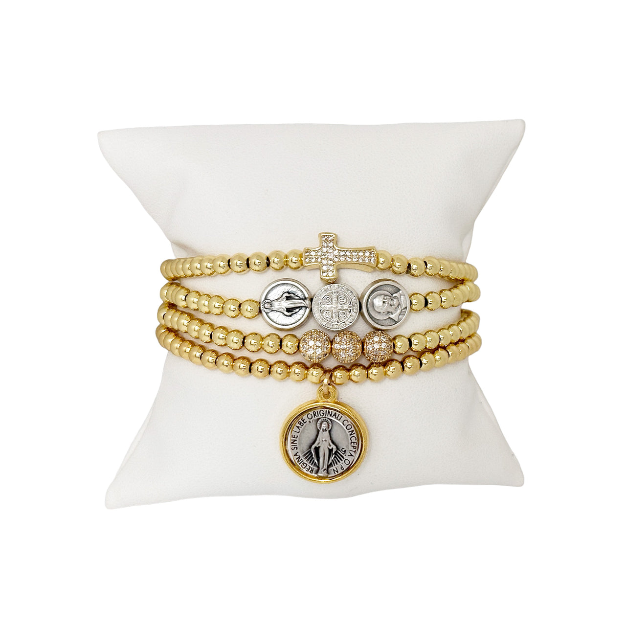 Myra's Religious Saint Stack featuring Saint Benedict, Padre Pio, and Miraculous Medals for spiritual protection and healing