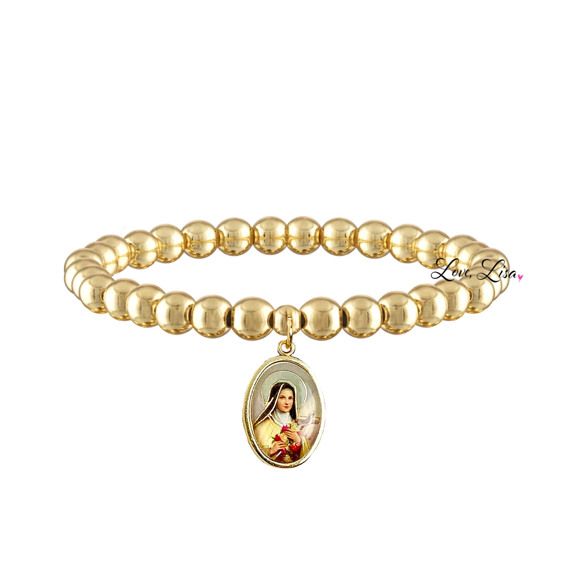 A gold-colored bracelet featuring a St. Therese 'The Little Flower' medal with a floral design around it.