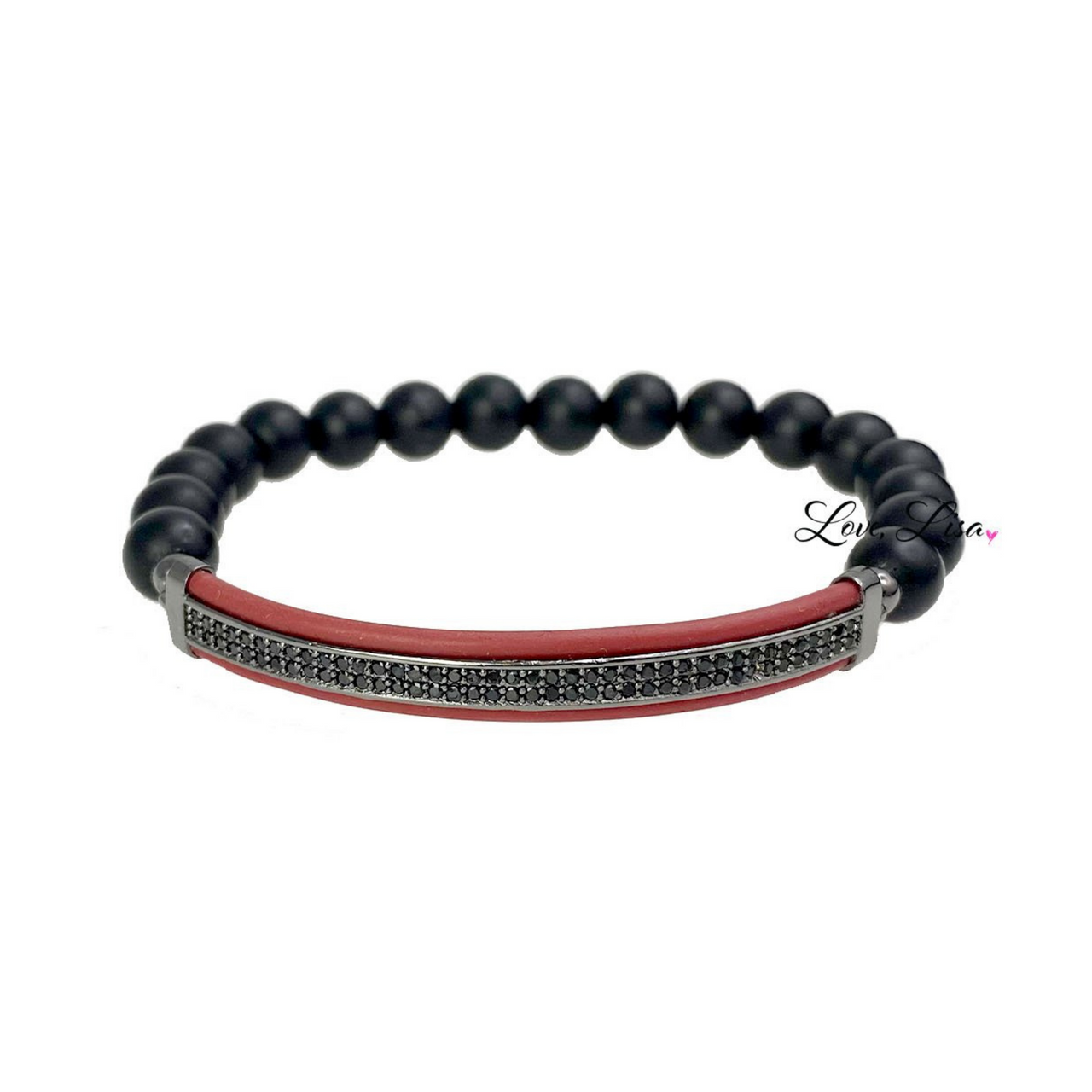 A masculine styled bracelet featuring matte black onxy beads and a red leather bar with black diamond crystals.