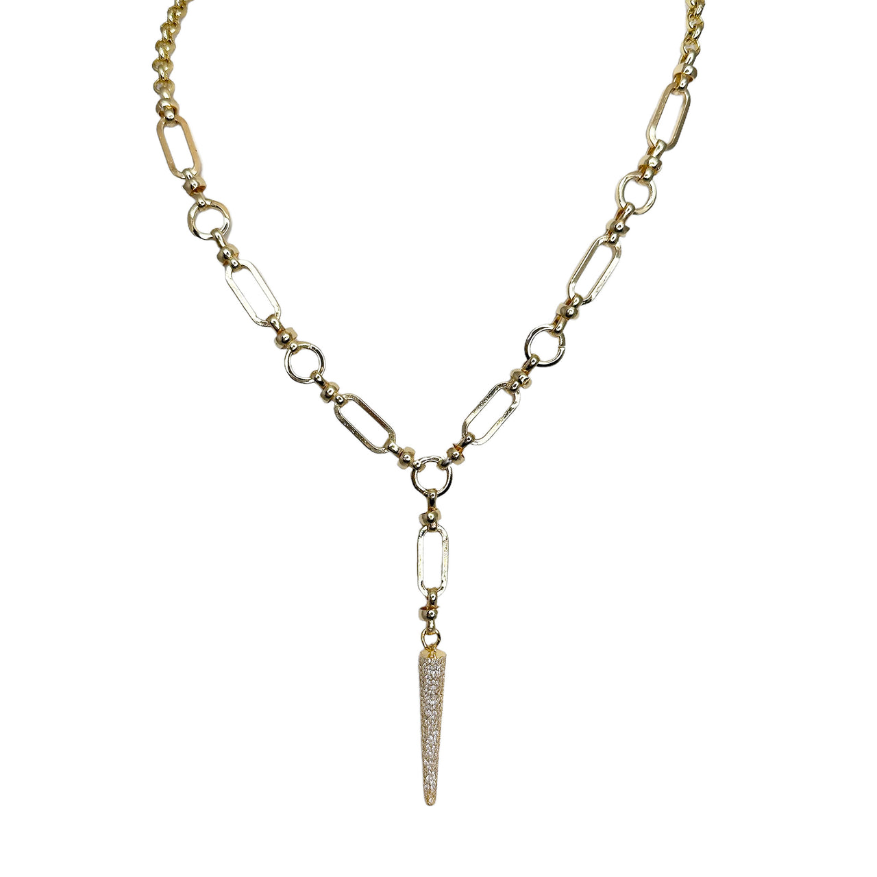 A gold-colored Y-shaped necklace with a link chain and a dagger-shaped drop pendant.