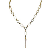 A gold-colored Y-shaped necklace with a link chain and a dagger-shaped drop pendant.