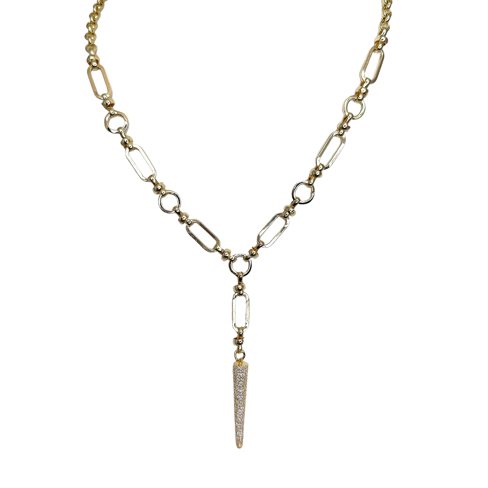 A gold-colored Y-shaped necklace with a link chain and a dagger-shaped drop pendant.
