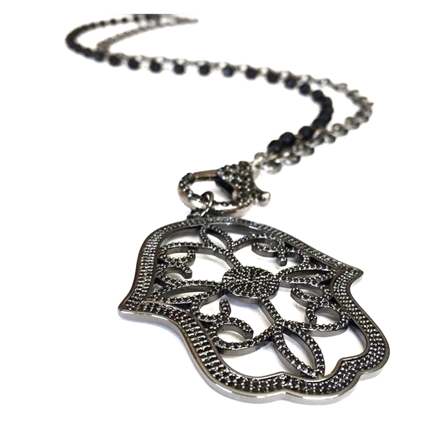 Black openwork hamsa charm with clear stones
