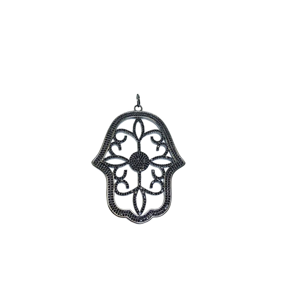 black hamsa charm with black pavé stones