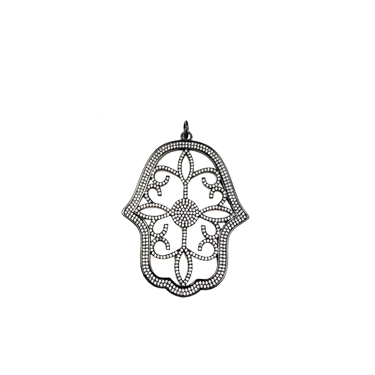 Amani Luxe Hamsa Pendant by Love Lisa in gunmetal pavé filigree style