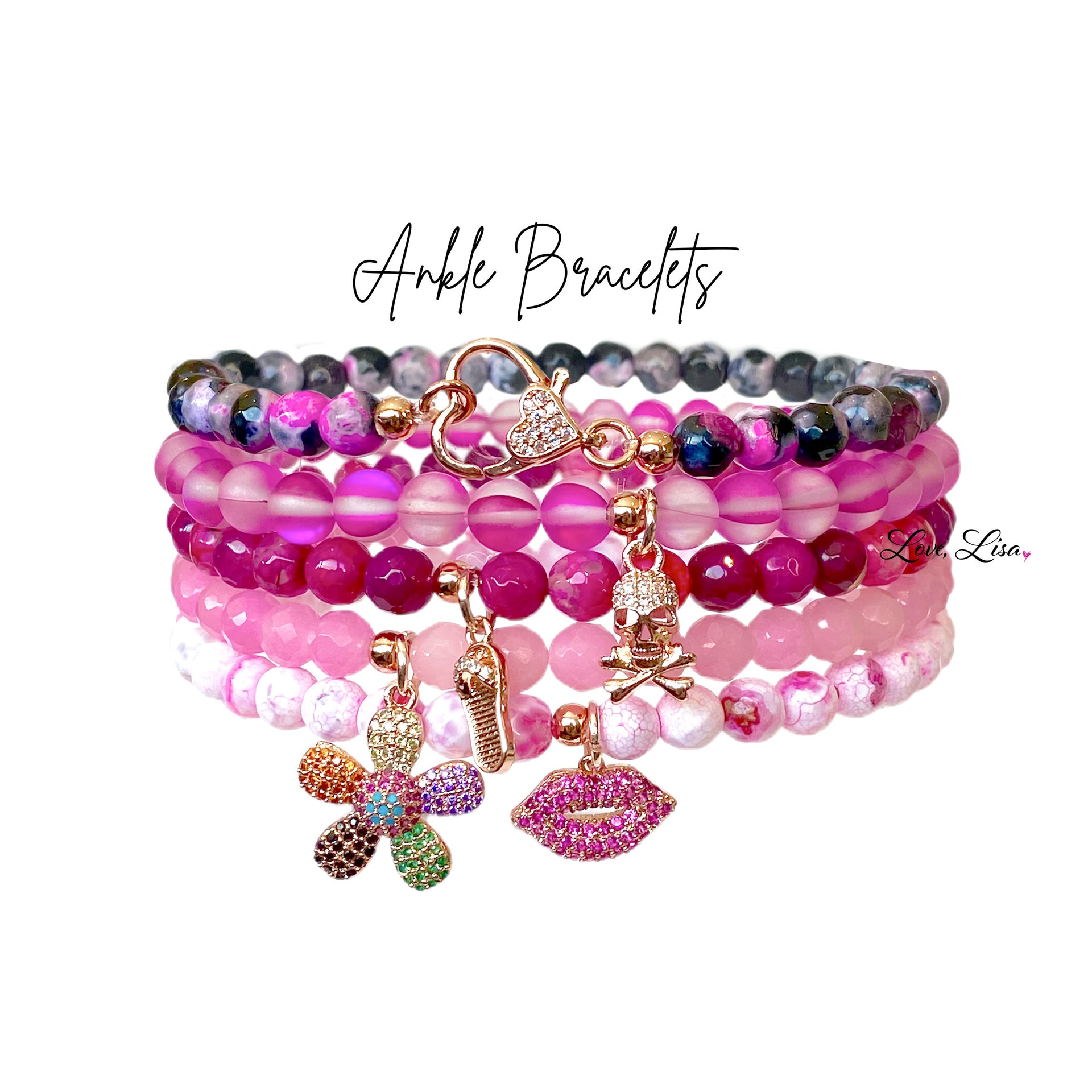 stack of anklets including cotton candy lips style love lisa

