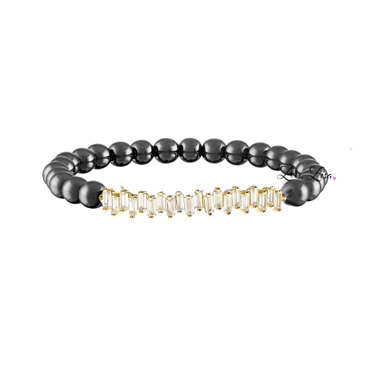 A gold-colored bracelet with round beads and baguette accents, designed to resemble a diamond bracelet.