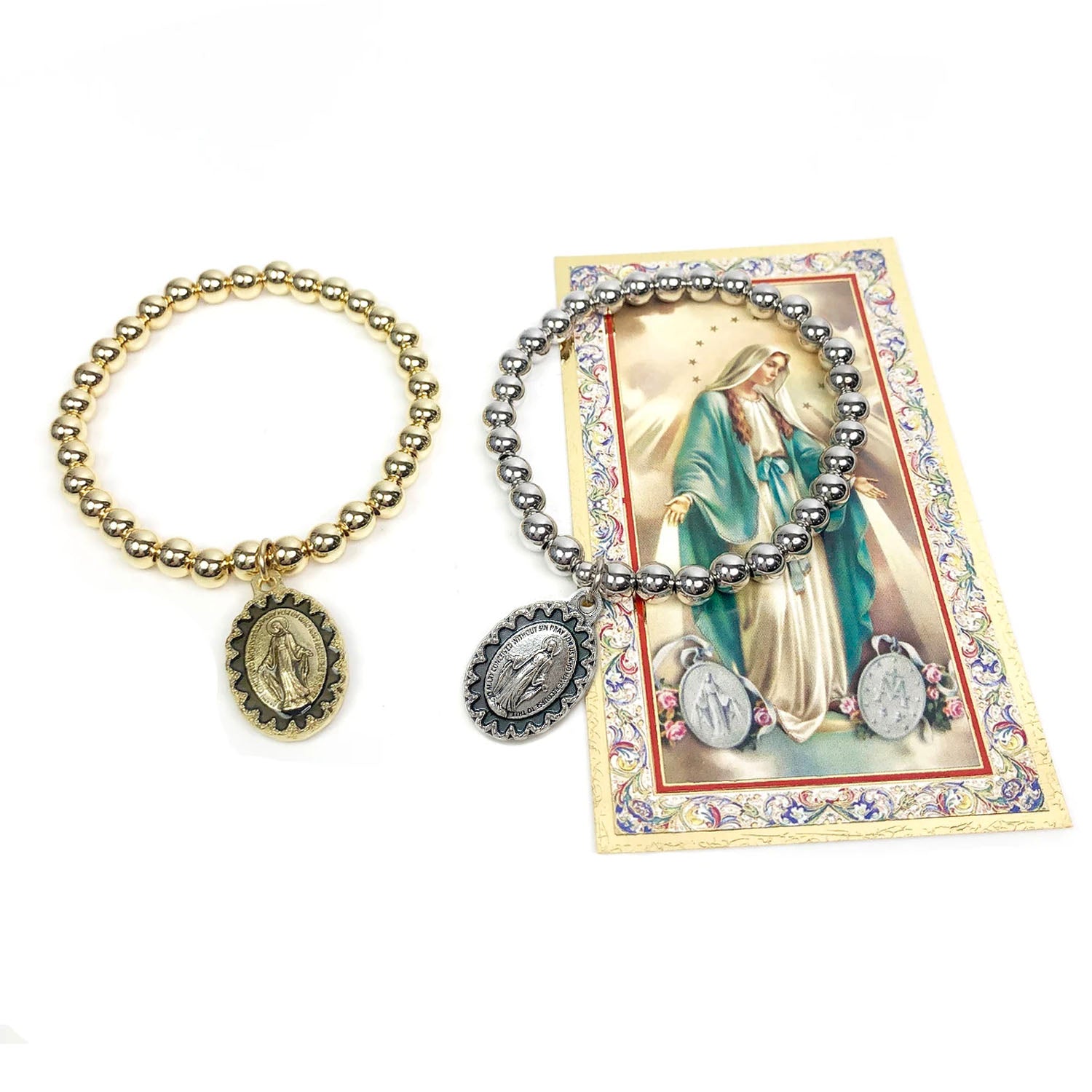beautiful blessed miraculous beaded bracelet displayed with prayer card and medal gold and silver religious bracelet by love lisa