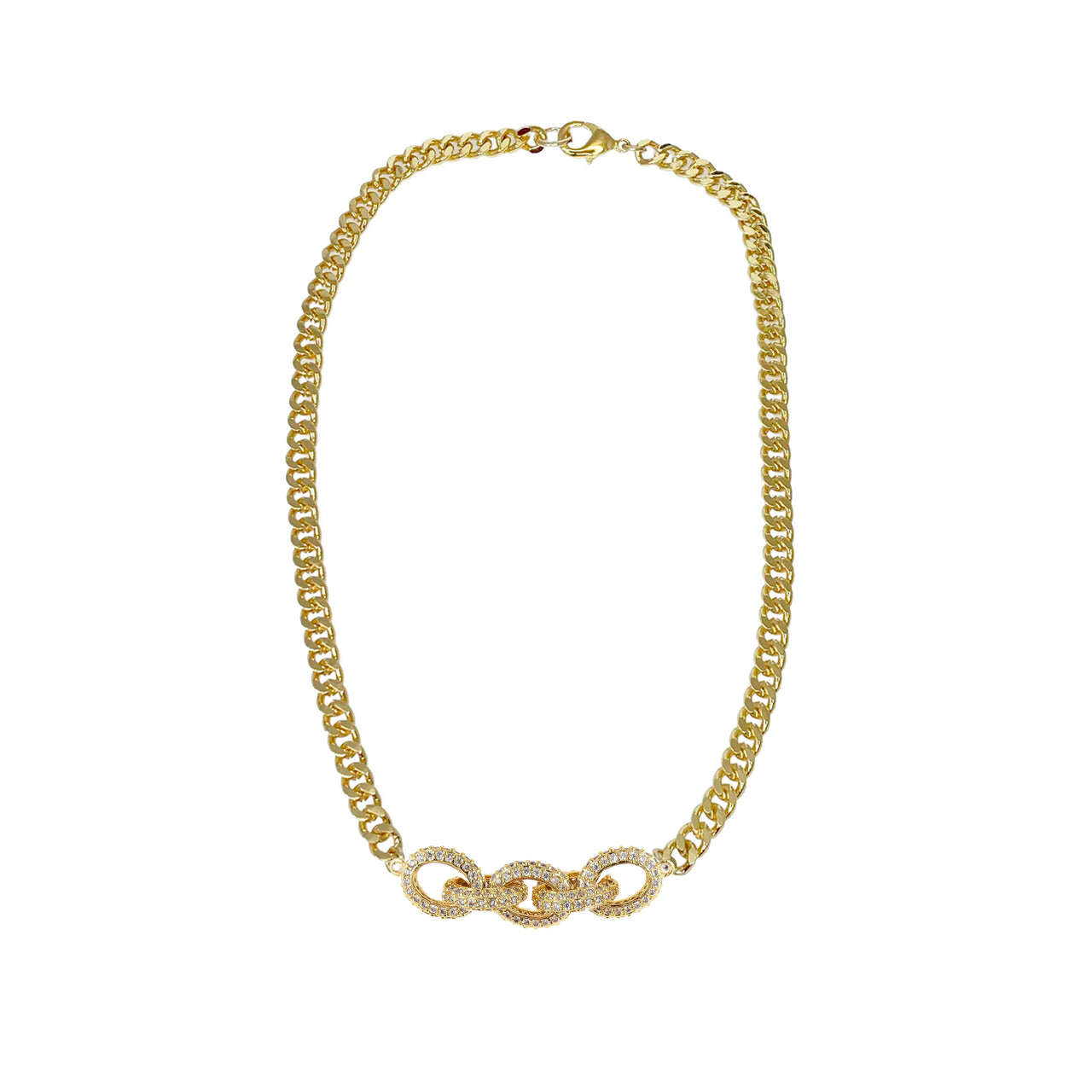 Gold pave link chain necklace close-up on white background