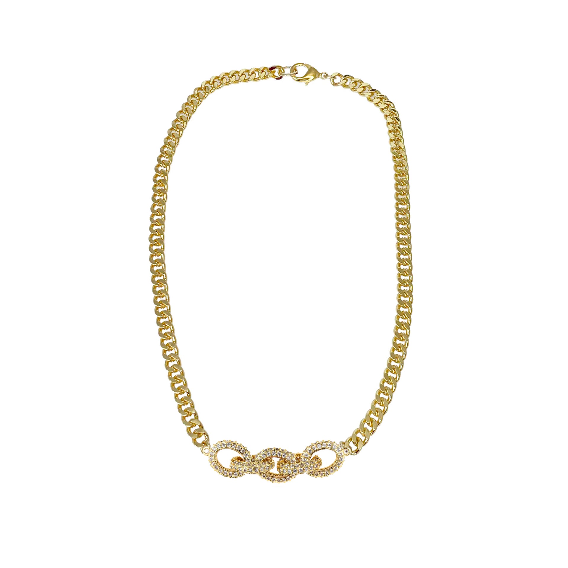Gold pave link chain necklace close-up on white background