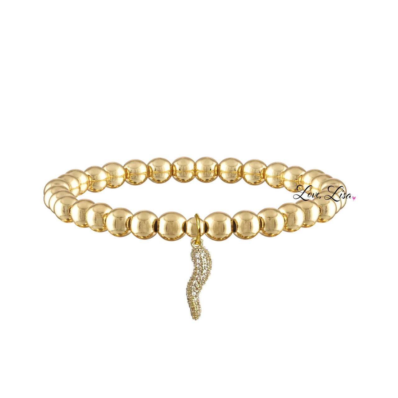 A gold-colored bracelet featuring a series of round red cornicello (horn) charms linked together with an elastic band.
