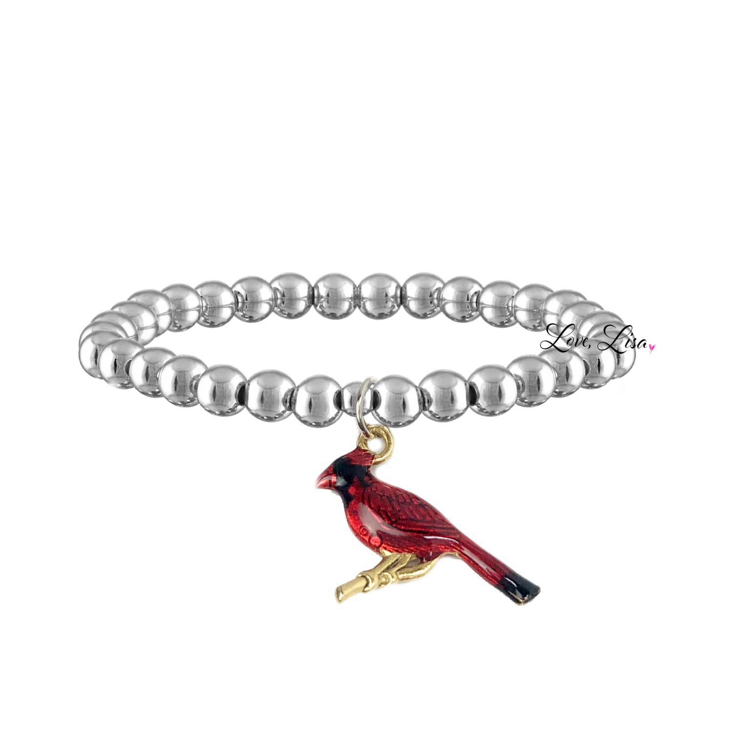 A silver beaded stretch bracelet featuring a red enamel cardinal charm for honoring lost loved ones.