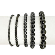 Celebrity Five beaded bracelet stack in gunmetal with five polished stretch bead bracelets