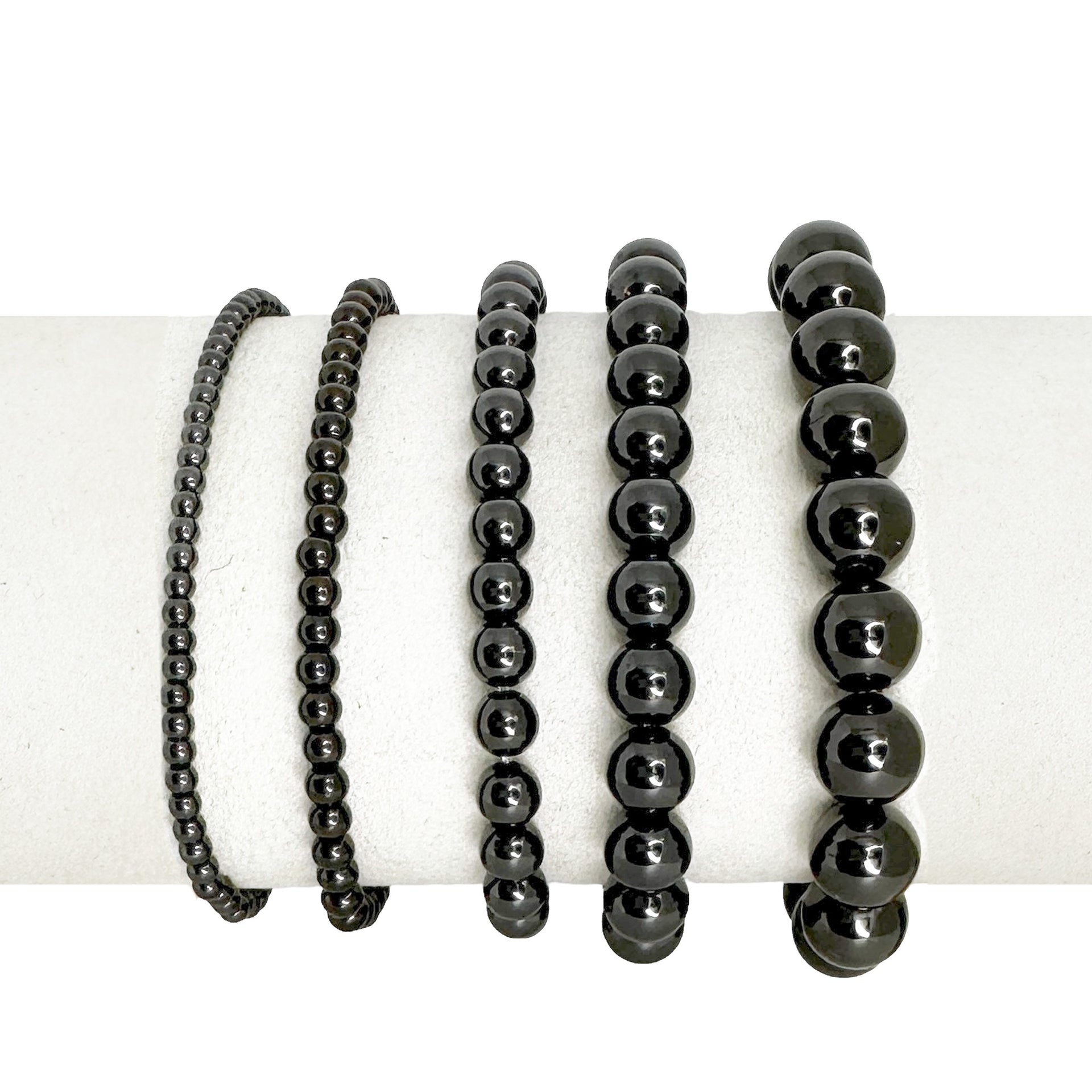 Celebrity Five beaded bracelet stack in gunmetal with five polished stretch bead bracelets