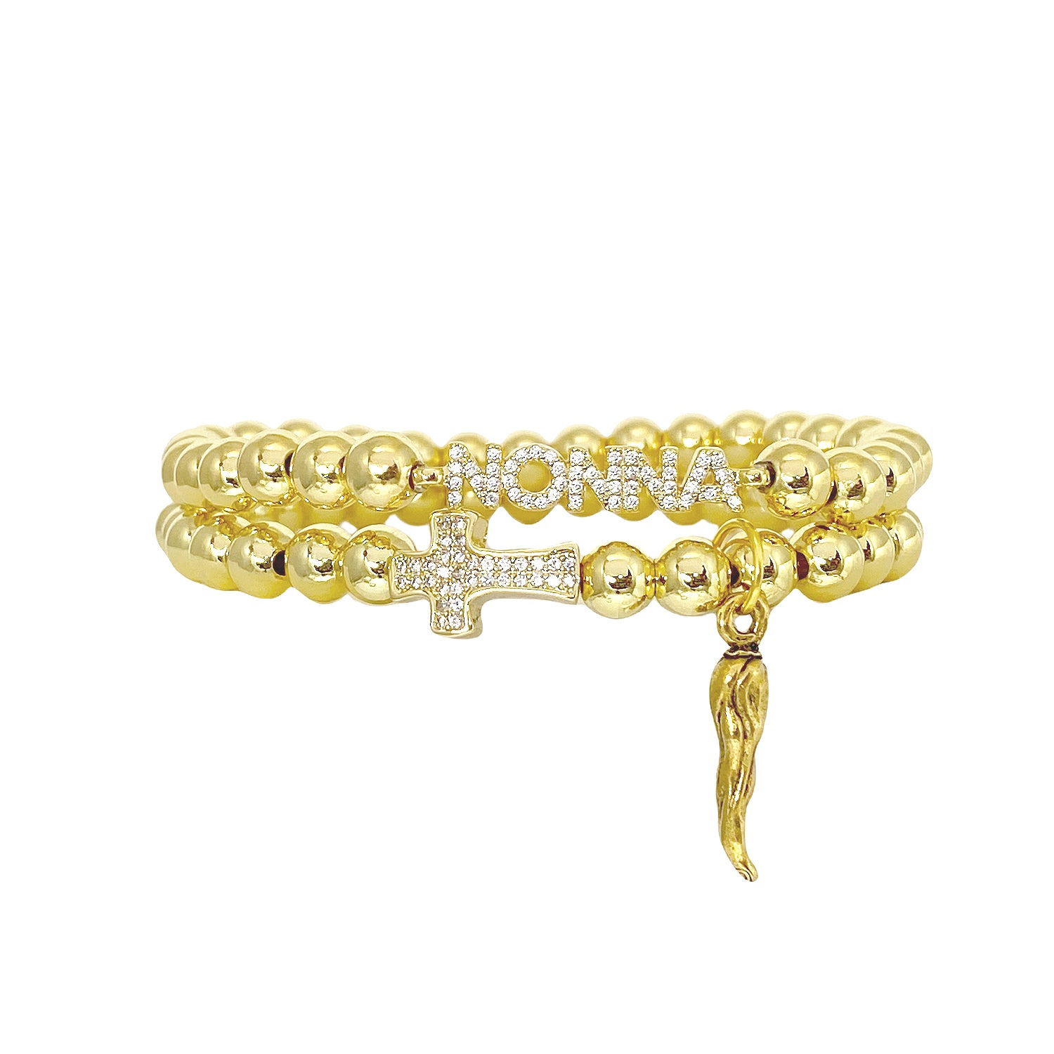 christine italian horn cornicello cross bracelet gold beaded bracelet with horn and side cross charm stacked with nonna bracelet 