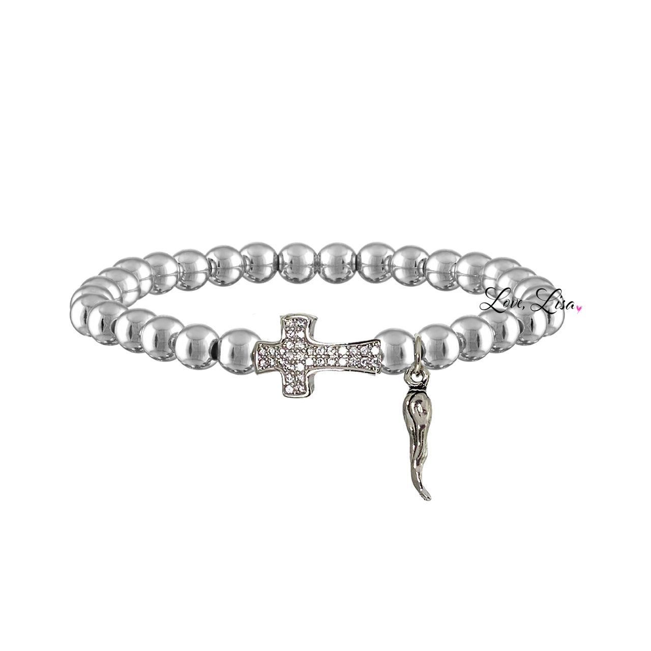 love lisa christine italian horn cornicello cross bracelet silver beaded stretch bracelet with horn and crystal cross charm