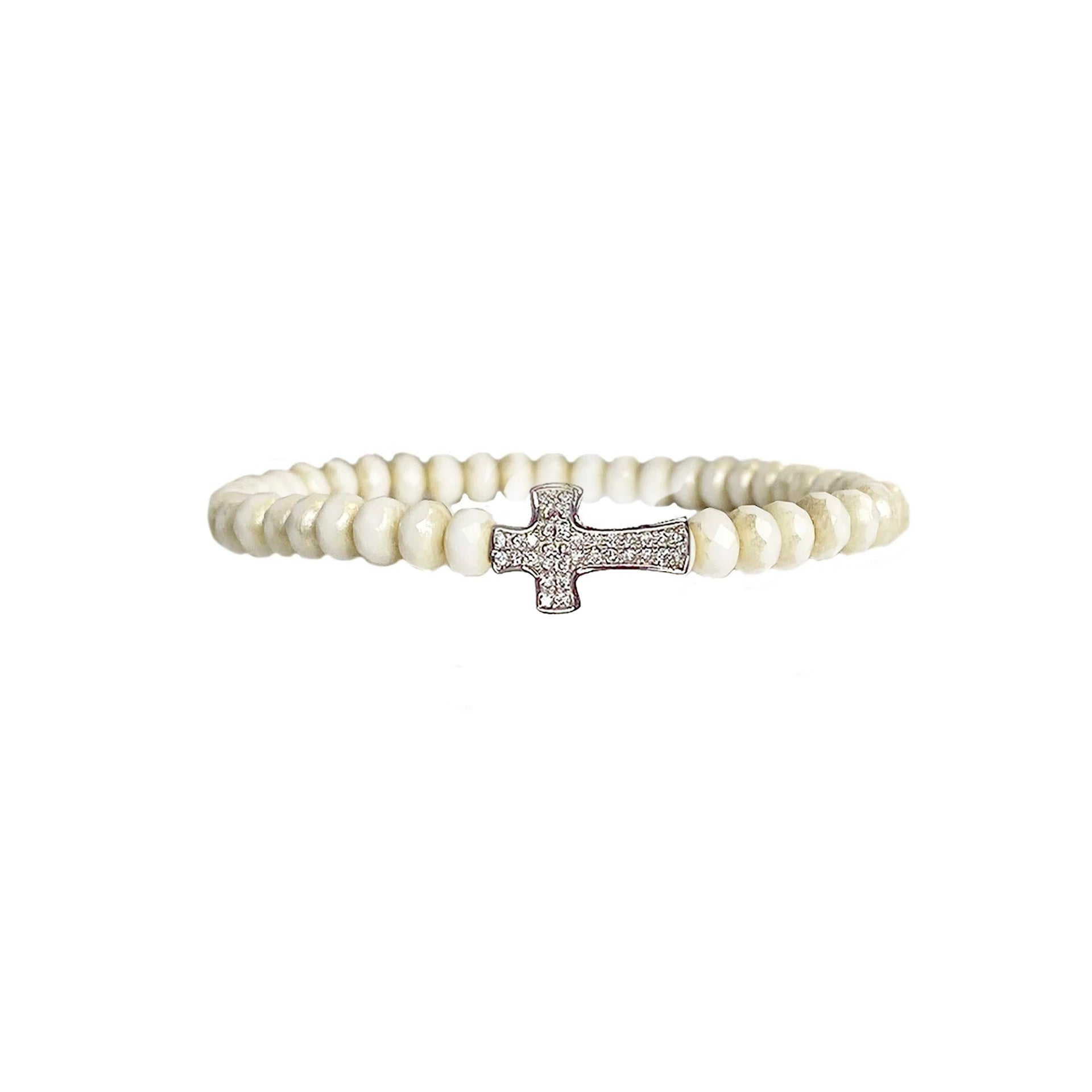 christine sparkling cross beaded bracelet ivory czech glass beads with silver crystal cross charm