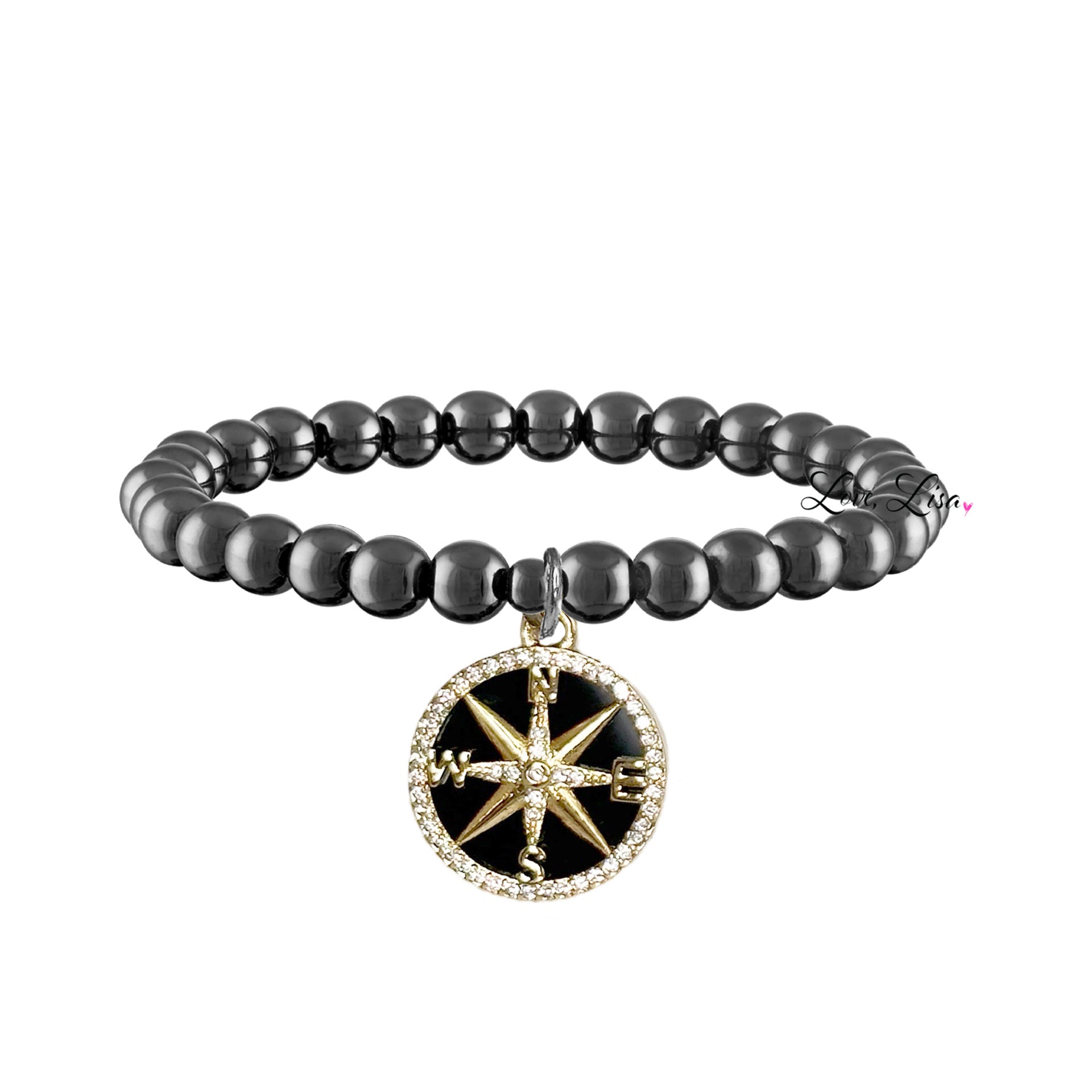 cindi compass bracelet black beaded bracelet with gold compass charm